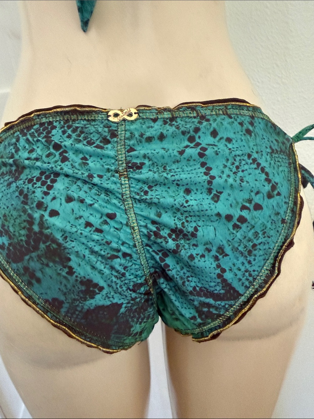 Green Snake Print w Beaded Fringe Tie Bikini Set - Women Swim M - Picture 6 of 11